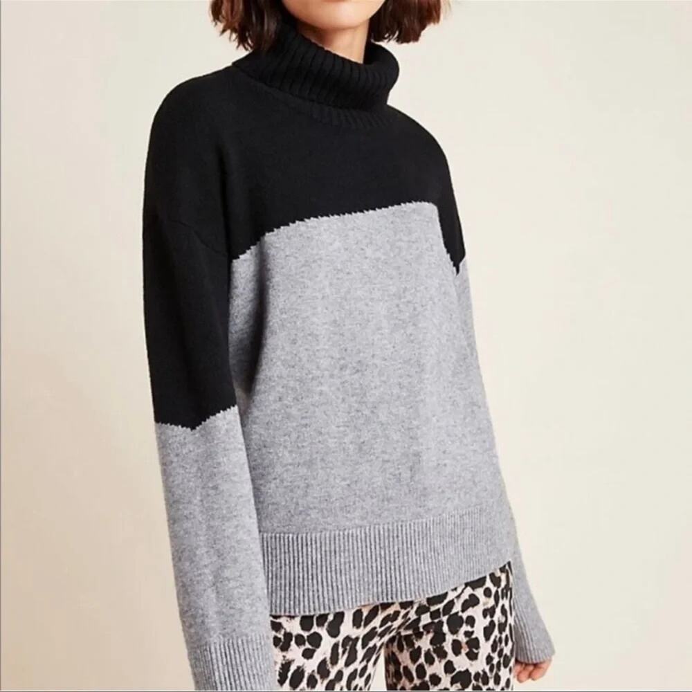 Anthropologie Lorena Colorblock Turtleneck Sweater Grey Black XS